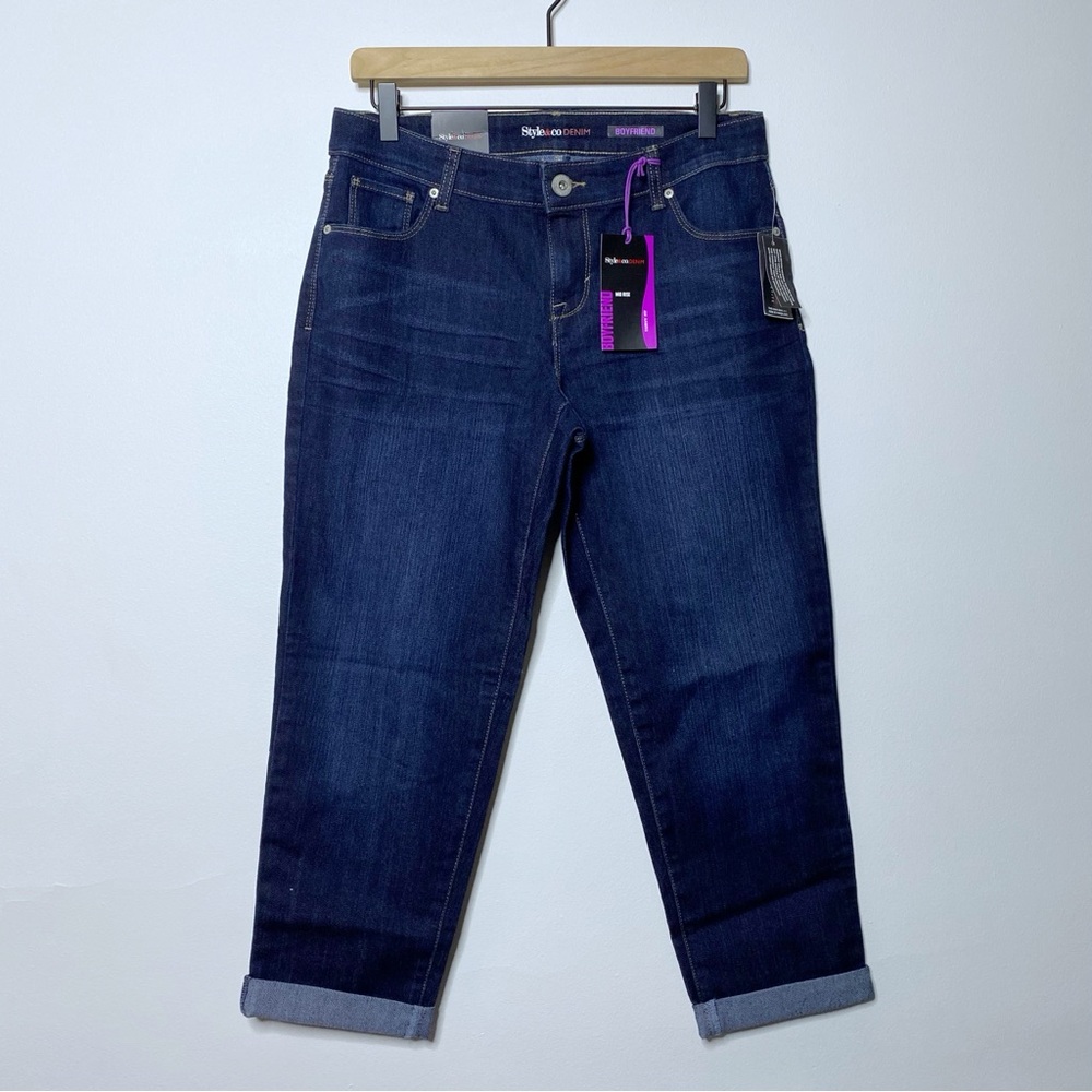 Style & Co. Dark Wash Curvy Fit Boyfriend Cuffed Denim Jeans - 10 Petite